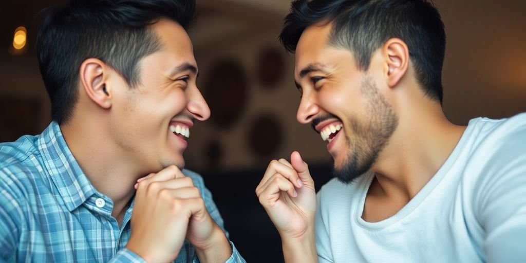 Couple laughing while playing a trust game.