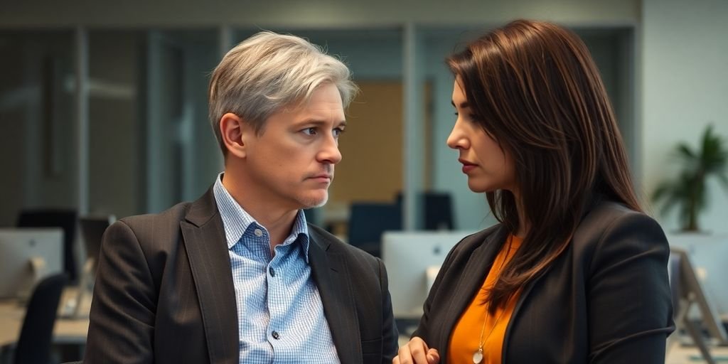 Two professionals in an office setting, subtle tension.