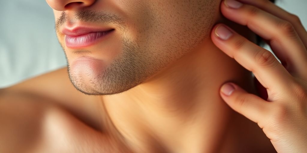 Man enjoying intimate touch on his neck.